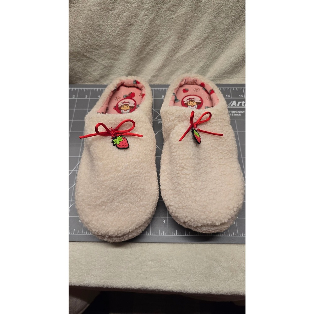 Strawberry Shortcake Sherpa Fleece Slippers Cream Pink House Shoes Womens